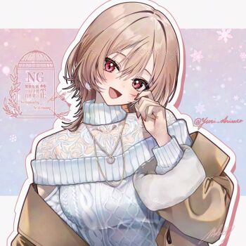 Rule 34 | 1girl, aran sweater, brown coat, brown hair, cable knit, coat, commentary request, furen e lustario, furen e lustario (4th costume), lace shirt, looking at viewer, mar0maru, nijisanji, off-shoulder sweater, off shoulder, open mouth, red eyes, signature, smile, solo, sweater, twitter username, upper body, virtual youtuber, white sweater