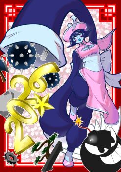 Rule 34 | 1girl, 2026, blue hair, blue sleeves, bomb, bonsai, border, breasts, china dress, chinese clothes, cleavage, cleavage cutout, clothing cutout, commentary request, darkstalkers, dress, explosive, full body, hat, highres, hsien-ko, jiangshi, large breasts, mei-ling (darkstalkers), ofuda, pink background, pink hat, red border, rf-yuki, solo, spiked ball, star (symbol)