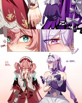 2girls ? absurdres aqua_eyes aqua_hair bl00dylime bright_pupils castorice_(honkai:_star_rail) closed_eyes clothing_cutout collar detached_collar dress frilled_collar frills gloves gradient_hair hat highres honkai:_star_rail honkai_(series) hyacine_(honkai:_star_rail) long_hair long_sleeves multicolored_hair multiple_girls navel navel_cutout pink_hair purple_gloves purple_hair red_dress red_hat strapless strapless_dress upper_body white_dress white_pupils