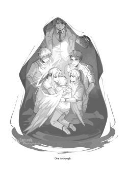 2girls 4boys absurdres armor blending broken_armor capelet cloak closed_eyes coat collared_shirt cracked_skin criteria curtained_hair eyepatch feathered_wings full_body greyscale hair_ribbon halo halo_behind_head heterochromia high_ponytail highres hood hood_up hooded_cloak hug_from_side kim_dokja kim_namwoon kneeling lee_hyunsung lee_jihye looking_at_another monochrome multiple_boys multiple_girls necktie oldest_dream omniscient_reader&#039;s_viewpoint open_clothes open_coat ponytail ribbon scar scar_across_eye scar_on_face secretive_plotter shirt short_hair shoulder_armor uriel_(omniscient_reader&#039;s_viewpoint) vest wings yoo_joonghyuk