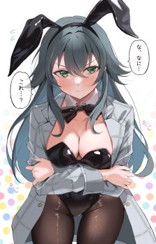1girl absurdres animal_ear_hairband animal_ears black_bow black_bowtie black_leotard black_pantyhose bow bowtie breasts cleavage coat detached_collar embarrassed fake_animal_ears gakuen_idolmaster green_eyes green_hair grey_coat hair_flaps hairband highres idolmaster leotard long_hair looking_at_viewer medium_breasts pantyhose plaid_clothes plaid_coat playboy_bunny rabbit_ears solo strapless strapless_leotard tigger_drawing tsukimura_temari