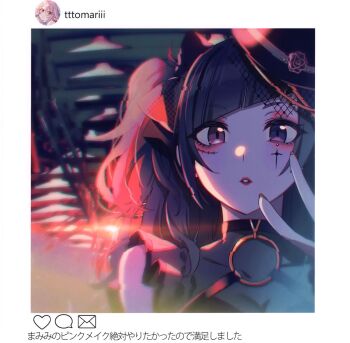 Rule 34 | 1girl, bad link, bare shoulders, black hat, black shirt, breasts, gauze on chest, hat, highres, idolmaster, idolmaster shiny colors, long hair, looking at viewer, pink lips, shirt, tanaka mamimi, tomari (veryberry00)