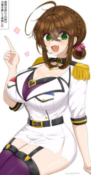 1girl ahoge arm_support belt blush bra breast_pocket breasts brown_hair chamumi_(mochiumee) cleavage commentary_request detached_arm epaulettes fang female_admiral_(kancolle) folded_ponytail garter_belt green_eyes hair_between_eyes hand_up highres index_finger_raised kantai_collection large_breasts looking_at_viewer military_uniform mole mole_on_breast mole_on_thigh mole_under_mouth open_mouth pocket sidelocks sitting skin_fang skirt solo_focus thighhighs translation_request underwear