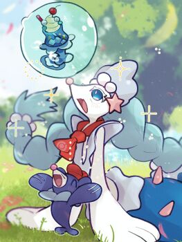 1girl :d ^_^ bad_tag blue_eyes blue_fur blue_hair braid bubble cherry closed_eyes colored_eyelashes fang food fruit full_body furry furry_female gem gen_7_pokemon hair_ornament hat highres ice_cream long_hair looking_at_object mermaid monster_girl multi-tied_hair neckerchief nintendo on_grass open_mouth outdoors pearl_(gemstone) pearl_hair_ornament pokemon pokemon_(creature) pokemon_cafe_remix popplio primarina red_hat red_neckerchief sea_lion simple_background skin_fang smile snout sstoh standing starfish_hair_ornament twin_braids
