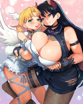 2girls angel_and_devil angel_wings arato_nagi arm_around_another's_waist armlet black_hair blonde_hair breasts cleavage_cutout clothing_cutout commentary_request detached_sleeves fishnet_pantyhose fishnets head_wings highres holding_hands horns huge_breasts jewelry madsensei miniskirt multiple_girls official_alternate_costume pantyhose ruri_no_houseki short_shorts shorts skirt straddling tanigawa_ruri thigh_straddling unaligned_breasts white_skirt wings yuri