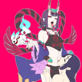 2girls absurdres animal bare_shoulders black_choker blue_eyes blue_hair blunt_bangs bob_cut breasts chinese_clothes choker collarbone commentary_request cowboy_shot date_naoto detached_sleeves dudou earrings eyeliner fate/grand_order fate_(series) flat_color hand_on_another's_thigh headpiece heart highres horns jewelry kneeling licking licking_navel loincloth long_hair looking_at_viewer magenta_background makeup midriff minamoto_no_raikou_(fate) multiple_girls navel nude oni open_mouth outline pale_skin pink_background purple_eyes purple_hair red_horns revealing_clothes rope saliva saliva_trail see-through_clothes short_hair shuten_douji_(fate) shuten_douji_(fate/grand_order) shuten_douji_(halloween_caster)_(fate) simple_background skin-covered_horns small_breasts standing stomach tongue tongue_out white_outline yuri