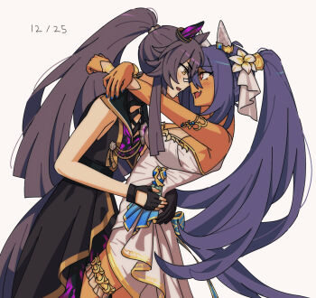 2girls animal_ears arms_around_neck bandaid bandaid_on_face bandaid_on_nose bare_shoulders black_dress black_gloves black_hair blush breasts dark-skinned_female dark_skin dated dress ear_covers fang fingerless_gloves flower gloves hair_between_eyes hair_flower hair_ornament highres hishi_amazon_(umamusume) horse_ears horse_girl horse_tail hwipa_(param_blue) long_hair medium_breasts multiple_girls narita_brian_(umamusume) open_mouth ponytail red_eyes single_ear_cover smile tail umamusume very_long_hair white_dress yellow_eyes yuri