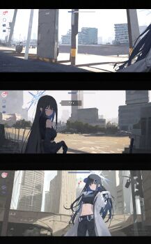 Rule 34 | 1girl, abandoned, absurdres, amenatsu, baseball cap, black hat, blue archive, buckle, building, chest harness, coat, crop top, halo, harness, hat, highres, makeup, no mask, saori (blue archive), shirt, skyscraper, sleeveless, sleeveless shirt, snap-fit buckle, solo, tear bag makeup, white coat