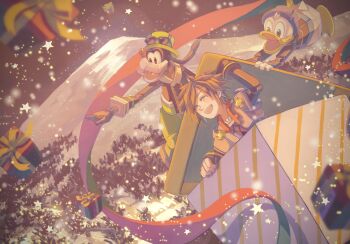 3boys :d black_sky blue_eyes blue_hat brown_hair christmas commentary dog_boy donald_duck duck_boy english_commentary forest furry gift goofy green_hat hat highres kingdom_hearts kingdom_hearts_iii mickey_mouse_&amp;_friends mountain multiple_boys nature open_mouth outdoors short_hair sky smile snow snowing sora_(kingdom_hearts) sora_(toy_box)_(kingdom_hearts) spiked_hair star_(symbol) twilight_yuuhi