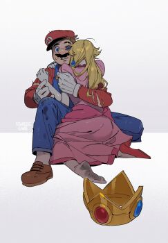 1boy 1girl blonde_hair blue_eyes blue_overalls brown_hair brown_shoes commentary_request crown dress earrings facial_hair gloves hat highres hug jewelry korean_commentary long_hair mario mario_(series) mustache nintendo overalls pink_dress princess_peach red_hat red_shirt shirt shoes short_hair sitting sphere_earrings ssuregigame torn_clothes torn_shirt unworn_crown white_gloves