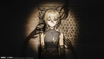 Rule 34 | 1girl, :|, absurdres, ahoge, bare shoulders, black arm warmers, black dress, braid, braided hair rings, brick wall, brown eyes, brown hair, china dress, chinese clothes, closed mouth, copyright name, copyright notice, crossed bangs, dark background, dress, hair between eyes, hair rings, highres, jingui (xinyue tongxing), lattice, logo, looking at viewer, low ponytail, official art, official wallpaper, ponytail, shadow hands, sleeveless, sleeveless dress, solo, spotlight, straight-on, upper body, xinyue tongxing