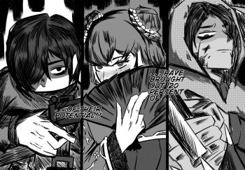 1girl 2boys aura clenched_hand double_bun drawofficemvp e.g.o_(project_moon) english_text family_hierarch_candidate_(identity)_(project_moon) gun hair_bun heathcliff_(project_moon) holding holding_gun holding_weapon ishmael_(project_moon) itadori_yuuji limbus_company limited_palette mahito_(jujutsu_kaisen) monochrome multiple_boys n_corp._e.g.o_(identity)_(project_moon) poncho potential_unleashed project_moon raincoat ryoumen_sukuna_(jujutsu_kaisen) scene_reference short_hair sunshower_(e.g.o) technology_liberation_alliance_(identity)_(project_moon) weapon yi_sang_(project_moon)