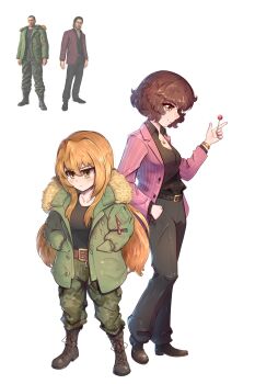 2girls absurdres aisaka_taiga akiyama_shun akiyama_shun_(cosplay) akiyama_yukari belt belt_buckle black_belt black_pants black_shirt blush boots breasts brown_eyes brown_hair brown_shoes buckle camouflage camouflage_pants candy coat commentary cosplay dress_shirt english_commentary fluff fluffkaiser fluffy_hair food from_side full_body girls_und_panzer green_jacket hand_in_pocket hands_in_pockets high_heels highres holding holding_candy holding_food holding_lollipop jacket lace-up_boots leather_belt lollipop long_hair long_sleeves looking_at_viewer multiple_girls name_connection open_clothes open_coat open_collar pants pink_jacket profile ryuu_ga_gotoku_(series) ryuu_ga_gotoku_1 saejima_taiga saejima_taiga_(cosplay) serious shirt shoes short_hair simple_background small_breasts smile standing striped_clothes striped_jacket t-shirt toradora! vertical-striped_clothes vertical-striped_jacket winter_clothes winter_coat