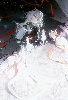 Rule 34 | 2girls, absurdres, alina (arknights), arknights, ascot, black ascot, black shirt, black skirt, dadijiji, dragon girl, dragon horns, dragon tail, epaulettes, flower, glowing, grey eyes, grey hair, hair intakes, hashtag-only commentary, highres, horns, light particles, long hair, long sleeves, looking at another, looking to the side, multiple girls, on ground, out of frame, red ribbon, ribbon, see-through body, shirt, silhouette, skirt, solo focus, tail, talulah (arknights)