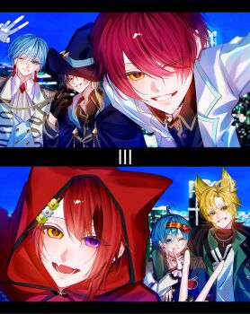 6+boys absurdres ahoge amptakxcolors animal_ear_hood animal_ears arm_up bimigohan16 black_border blonde_hair blue_eyes blue_hair border commentary earrings fake_animal_ears gloves green_eyes grin hair_between_eyes hair_ornament hairclip hat headband heart heart_ahoge heterochromia highres hood hood_up index_finger_raised jacket jewelry knight_a lapis_(meteorites) light_akarui long_hair long_sleeves looking_at_viewer meteorites_(stpr) multiple_boys one_eye_closed open_clothes open_jacket open_mouth pretz_(amptakxcolors) red_hair rinu_(stpri) short_hair side_ponytail smile strawberry_prince tassel tassel_earrings tigusakun_(amptakxcolors) upper_body v vau_(utaite) white_gloves witch_hat yellow_eyes