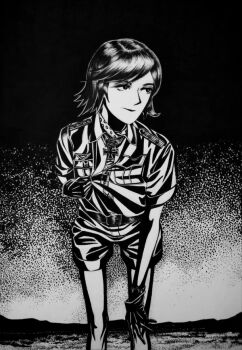 Rule 34 | 1girl, belt, black gloves, black hair, bordfunker133, commentary request, cross, expressionless, gloves, greyscale, hans-joachim marseille, iron cross, leaning forward, looking to the side, luftwaffe, marcel (bordfunker133), military uniform, monochrome, outdoors, photo (medium), pulling own clothes, real life, short hair, short sleeves, shorts, soldier, solo, world war ii