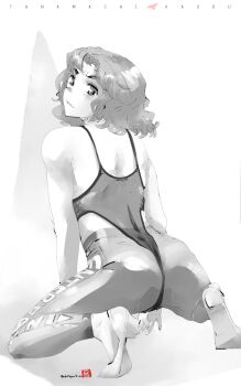 Rule 34 | 1girl, alternate costume, amagami, ass, bare shoulders, character name, closed mouth, commentary request, curly hair, from behind, full body, greyscale, high heels, highleg, highleg one-piece swimsuit, highres, kneeling, leggings, looking at viewer, looking back, medium hair, messy hair, mike156, monochrome, one-piece swimsuit, parted lips, shoes, shoulder blades, signature, simple background, solo, spread legs, swimsuit, swimsuit over clothes, tanamachi kaoru, wavy hair