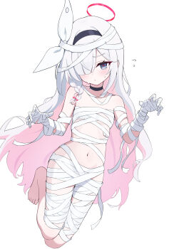 1girl absurdres alternate_costume bandaged_arm bandaged_hand bandaged_head bandaged_leg bandages bare_shoulders barefoot black_choker black_eyes black_hairband blue_archive blush braid chest_sarashi choker closed_mouth colored_inner_hair cosplay dot_nose feet flat_chest flying_sweatdrops full_body hair_between_eyes hair_over_one_eye hairband halo hands_up highres inedibleparts loli long_hair looking_at_viewer multicolored_hair mummy_costume naked_bandage navel pink_hair plana_(blue_archive) red_halo sarashi simple_background single_braid solo straight_hair sweatdrop thighs toes very_long_hair white_background white_hair