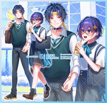 1boy 1girl alternate_costume asaba_harumasa asaboo_(zenless_zone_zero) bag bag_charm belle_(zenless_zone_zero) black_bag black_choker black_pants black_shoes black_skirt black_socks blue_neckerchief brown_bag brown_shoes charm_(object) choker closed_mouth commentary_request crossed_bangs cup drinking_straw earrings eous_(zenless_zone_zero) green_eyes green_sweater_vest hair_between_eyes hair_ornament headband holding holding_cup holding_hands jewelry letter_hair_ornament looking_at_another neckerchief open_mouth pants parted_bangs pendant_choker school_bag school_uniform shirt shoes skirt smile socks sweater_vest una_(unainya) white_shirt yellow_eyes yellow_headband zenless_zone_zero