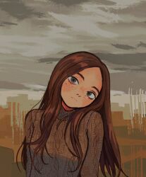 Rule 34 | 1girl, abstract background, brown hair, brown sweater, emanon (character), forehead, freckles, green eyes, io (onisarashi), light frown, long hair, looking at viewer, memories of emanon, muted color, solo, sweater, upper body