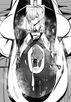 1girl after_fellatio bdsm bondage bound breasts breasts_apart covered_eyes cum cum_in_mouth cumdrip cumdump fate/grand_order fate_(series) female_focus gimp_mask greyscale heart highres id_card large_breasts lying mash_kyrielight mask mind_break monochrome mr.way no_bra on_back open_mouth oral_invitation saliva solo spoken_heart tongue tongue_out translated upside-down uvula