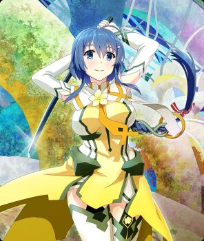 Rule 34 | 1girl, arms up, blue eyes, blue hair, breasts, closed mouth, cosplay, dot nose, dress, elbow gloves, flower, game cg, glint, gloves, hair ornament, hair ribbon, hairclip, holding, holding sword, holding weapon, inubouzaki fuu, inubouzaki fuu (cosplay), katana, large breasts, long hair, looking at viewer, low-tied long hair, low ponytail, mole, mole under eye, official art, ponytail, red ribbon, ribbon, setouchi chie, sidelocks, smile, solo, striped ribbon, sword, thighhighs, third-party source, toji no miko, toji no miko: kizamishi issen no tomoshibi, very long hair, weapon, white flower, white gloves, white thighhighs, yellow dress, yuuki yuuna wa yuusha de aru, yuusha, yuusha de aru