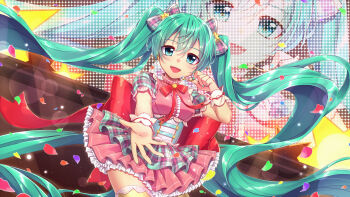 1girl :d aqua_hair aqua_nails back_bow black_bow blue_eyes blush bow breasts corset cowboy_shot dress hair_between_eyes hair_bow hatsune_miku headset highres idol large_bow long_hair looking_at_viewer medium_breasts nail_polish natsume_kei open_mouth outstretched_arm pink_dress plaid_bow plaid_clothes plaid_dress reaching reaching_towards_viewer red_bow screen_zoom short_sleeves smile solo stage thighhighs twintails very_long_hair vocaloid white_wrist_cuffs wrist_cuffs