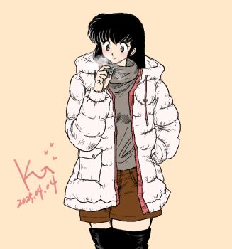 black_boots black_eyes black_hair blush boots coat cream_background grey_sweater holding jacket jian_yin long_hair maison_ikkoku otonashi_kyouko sweater white_coat white_jacket winter_clothes winter_coat