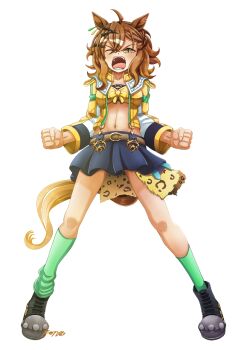 Rule 34 | ahoge, animal ears, bandeau, belt, black boots, blue skirt, blush, boots, braid, breasts, brown belt, brown hair, commentary request, earrings, full body, green socks, hair between eyes, hair ornament, hairclip, half up braid, half up half down braid, horse ears, horse girl, horse tail, jacket, jewelry, jungle pocket (champion's battle cry) (umamusume), jungle pocket (umamusume), konsu (konsu1182da), long sleeves, looking at viewer, medium hair, navel, notched ear, one eye closed, open clothes, open mouth, pleated skirt, shouting, simple background, single loose sock, skirt, socks, solo, suspender skirt, suspenders, tail, teeth, umamusume, white background, yellow bandeau, yellow eyes, yellow jacket