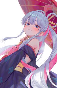 1girl absurdres bare_shoulders blue_eyes cho_kaguya-hime! closed_mouth colored_inner_hair commentary grey_hair highres japanese_clothes kaze_22 korean_commentary long_hair looking_at_viewer multicolored_hair oil-paper_umbrella pink_hair runami_yachiyo smile solo two-tone_hair umbrella