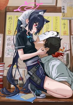 1boy 1girl absurdres animal_ear_fluff animal_ears between_breasts black_hair black_shirt black_shoes black_socks blue_archive blue_ribbon bowl breasts cat_ears cat_girl commentary_request doodle_sensei_(blue_archive) envelope extra_ears from_side gun halo hand_on_another's_face handgun head_between_breasts headscarf hetero highres holding holding_bowl holster holstered kneeling long_hair neck_ribbon on_table pink_eyes pink_halo purple_hair ribbon sawkm sensei_(blue_archive) serika_(blue_archive) serika_(waitress)_(blue_archive) shirt shoes short_sleeves small_breasts sneakers socks table thighs third-party_edit tongue tongue_out twintails variations very_long_hair weapon white_headscarf