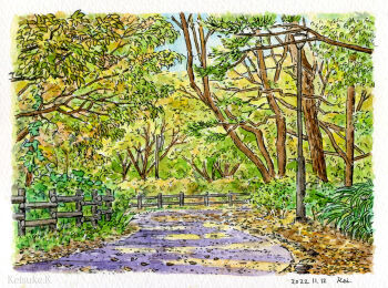 artist_name border commentary_request dated day fence forest highres keisuke_k_(enyahoro) lamppost nature no_humans original outdoors painting_(medium) park path road scenery signature traditional_media tree watercolor_(medium) white_border wooden_fence