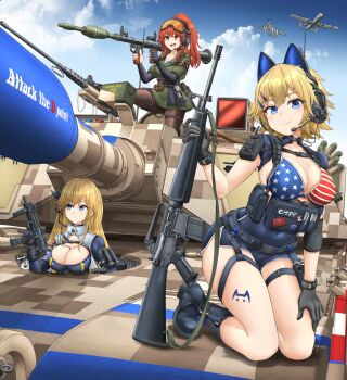 3girls a-10_thunderbolt_ii absurdres aerial_bomb agm-65_maverick aim-9_sidewinder air-to-air_missile air-to-surface_missile aircraft american_flag american_flag_bikini american_flag_print animal_ear_headphones animal_ears anti-tank_guided_missile anti-tank_missile army assault_rifle attack_aircraft autocannon bikini black_boots black_gloves black_pantyhose blonde_hair blue_eyes blue_sky bomb boots breasts browning_m2 cannon cat_ear_headphones cat_ears close_air_support cloud cloudy_sky drone elbow_gloves electronic_firearm explosive fake_animal_ears flag_print flag_print_bikini gatling_gun gau-8_avenger general-purpose_bomb gloves goggles goggles_on_head gun h&amp;k_mp7 hashtag-only_commentary headphones heavy_machine_gun high-explosive_anti-tank_(warhead) highres holding holding_gun holding_weapon large_breasts long_hair m16 m1_abrams machine_gun mark_80_bomb microphone mikeran_(mikelan) military_uniform military_vehicle missile motor_vehicle multiple-barrel_gun multiple_girls original pantyhose personal_defense_weapon pg-7vr ponytail precision-guided_munition print_bikini radio red_eyes red_hair rifle rocket-propelled_grenade rocket_launcher rotary_cannon rpg rpg-7 rpg_(weapon) short_hair sitting sky smile submachine_gun swimsuit tandem-charge tank weapon weapon_request