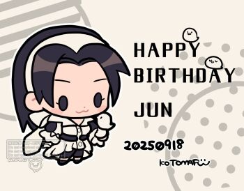 1girl :3 bird bird_on_hand black_hair character_name chibi commentary_request dated dress eyelashes full_body happy_birthday kazama_jun kotorai short_hair signature solid_oval_eyes solo tekken tekken_8 watermark white_dress