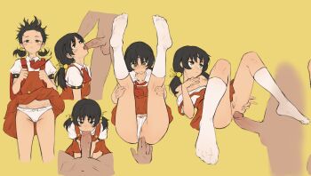 1boy 1girl age_difference anal anal_fingering bag black_hair bow bow_panties breasts chernyyvo cleft_of_venus clothes_lift clothing_aside dark-skinned_male dark_skin dress dress_lift fellatio fingering green_eyes hand_on_own_chest hetero highres imminent_anal imminent_penetration kaai_yuki kyoufuu_all_back_(vocaloid) large_penis legs_up loli looking_at_viewer lying multiple_views neckerchief on_back oral panties panties_aside partially_undressed penis pinafore_dress pov pov_crotch pov_hands pussy red_dress school_bag short_sleeves simple_background skirt skirt_lift sleeveless sleeveless_dress small_breasts socks twintails uncensored underwear veins veiny_penis vocaloid white_panties white_socks wind wind_lift yellow_background