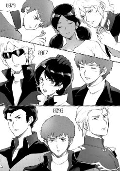 1girl 4boys absurdres age_progression amuro_ray bad_id bad_pixiv_id bare_shoulders bindi blush bright_noa char's_counterattack char_aznable closed_eyes double_bun dress gundam hair_bun hand_on_another's_head headpat highres holding_hands jumpsuit kamille_bidan lalah_sune military military_uniform mobile_suit_gundam multiple_boys naiya quattro_bajeena short_hair smile sunglasses sweater turtleneck turtleneck_sweater zeta_gundam