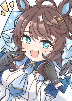 1girl absurdres animal_ears arnolddayo black_hair blue_eyes blush breasts commentary_request daring_tact_(umamusume) gloves hair_between_eyes hair_ornament highres horse_girl jacket looking_at_viewer medium_breasts open_mouth pointing pointing_at_self portrait simple_background solo star_(symbol) star_hair_ornament sweatdrop umamusume white_background