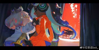 +_+ 2girls :d absurdres adjusting_clothes black_gloves black_pants blue_hair blunt_bangs brown_hair cephalopod_eyes closed_eyes closed_mouth clothing_cutout cowboy_shot creamyghost crown curtains dark-skinned_female dark_skin dress fingerless_gloves glove_cutout gloves gold_crown gold_dress gradient_hair grand_piano headphones highres inkling instrument jacket letterboxed long_hair looking_at_another marina_(damp_socks_feat._off_the_hook)_(splatoon) marina_(splatoon) medium_hair microphone midriff mole mole_under_mouth multicolored_hair multiple_girls navel nintendo octoling open_clothes open_jacket open_mouth orange_jacket orange_pants pants pearl_(damp_socks_feat._off_the_hook)_(splatoon) pearl_(splatoon) piano pink_hair short_eyebrows sidelocks smile splatoon_(series) splatoon_2 splatoon_3 squid_girl stage_curtains stage_lights stomach suction_cups tentacle_hair thick_eyebrows tinted_eyewear two-tone_hair white_hair white_jacket yellow-tinted_eyewear yellow_eyes