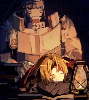 Rule 34 | 2boys, ahoge, alphonse elric, armor, black jacket, blonde hair, book, closed eyes, coat, commentary request, edward elric, full armor, fullmetal alchemist, highres, indoors, jacket, lamp, living armor, male focus, multiple boys, open book, red coat, sleeping, standing, tori maru, white eyes
