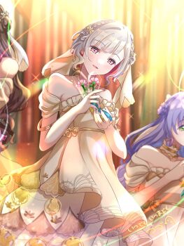 3girls :d artist_name bare_shoulders brown_hair collarbone colored_inner_hair commentary_request diagonal_bangs dress flower flower-shaped_hair frilled_dress frills fujishima_megumi green_eyes grey_hair highres holding holding_flower itsudemo_itsumademo_(love_live!) link!_like!_love_live! long_hair love_live! multicolored_hair multiple_girls off-shoulder_dress off_shoulder official_alternate_costume open_mouth otomune_kozue pink_flower purple_hair red_eyes red_hair sakari_(pear_8_ll) smile solo_focus virtual_youtuber yellow_dress yugiri_tsuzuri