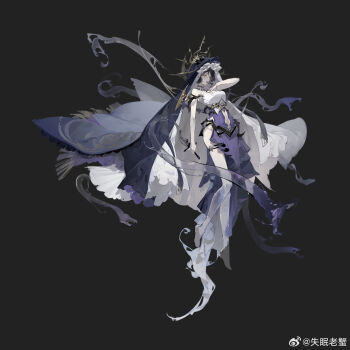 1girl arm_at_side backless_dress backless_outfit bare_shoulders barefoot black_background black_hair chinese_commentary closed_eyes clothing_cutout dagger dress fringe_trim full_body hair_between_eyes halo halo_behind_head hand_on_own_hip highres holding holding_dagger holding_knife holding_weapon jewelry knife krab_(fumekrab) lipstick liquid long_dress makeup morimens myriam_(morimens) navel navel_cutout necklace official_art pale_skin parted_lips purple_dress purple_lips purple_veil reverse_grip riviere_(necklace) short_hair shoulder_guard side_slit simple_background snake solo strapless strapless_dress teardrop_facial_mark thigh_strap thorns transparent_limb two-tone_dress veil watermark wavy_hair weapon weibo_watermark white_dress white_veil