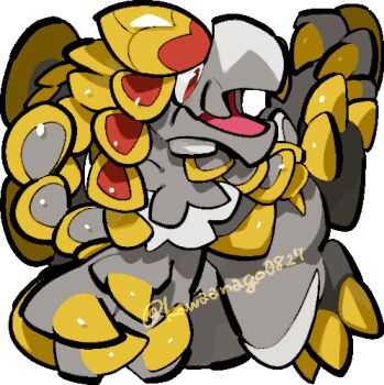 chibi chibi_only claws commentary_request full_body gen_7_pokemon kawaanago kommo-o lowres nintendo no_humans open_mouth pokemon pokemon_(creature) pokemon_focus red_eyes solo transparent_background twitter_username