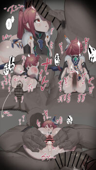 1boy 1girl ^^^ absurdres after_ejaculation backboob bar_censor borrowed_character bouncing_breasts breasts censored clothed_female_nude_male cum cum_in_pussy cum_overflow cumdrip dark-skinned_male dark_skin full_nelson hanging_breasts hetero highres huge_breasts huge_penis large_breasts large_penis long_sleeves male_pubic_hair mechanical_spine motion_blur motion_lines multiple_views new_(lk) nipples nude open_mouth original penis penis_awe penis_on_face ponytail pubic_hair pussy red_eyes red_hair sex shikisokuzeku76 size_difference sound_effects speech_bubble translation_request