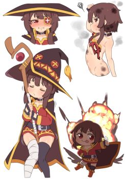 1girl :i :p asymmetrical_legwear bandaged_leg bandages basukechi belt black_choker black_gloves black_thighhighs brown_cape brown_hair burnt_clothes c: cape chibi choker closed_eyes cropped_shoulders cropped_torso dress explosion eyepatch fingerless_gloves flat_chest furrowed_brow gloves hat highres holding holding_staff kono_subarashii_sekai_ni_shukufuku_wo! loli long_sleeves mage_staff megumin multiple_views navel pole_dancing puckered_lips red_dress red_eyes short_hair_with_long_locks simple_background skindentation smile staff tearing_up thighhighs thighs thumbs_up tongue tongue_out torn_clothes white_background witch_hat
