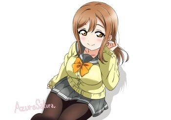 1girl azuresakura blush bow bowtie breasts brown_eyes brown_hair brown_pantyhose from_above grey_sailor_collar grey_skirt kunikida_hanamaru large_breasts long_sleeves looking_at_viewer love_live! love_live!_sunshine!! orange_bow orange_bowtie pantyhose sailor_collar school_uniform simple_background sitting skirt smile solo sweater uranohoshi_school_uniform white_background yellow_sweater
