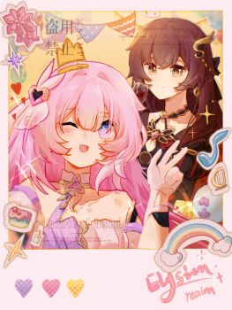 Rule 34 | 2girls, ;o, anlimil, bare shoulders, breasts, brown hair, chinese commentary, coat, commentary request, crown, cup, decorations, diamond-shaped pupils, diamond (shape), drinking glass, earrings, eden (honkai impact), elysia (herrscher of human: ego) (honkai impact), elysia (honkai impact), english text, hair ornament, heart, highres, holding, holding cup, honkai (series), honkai impact 3rd, jewelry, large breasts, long hair, looking at viewer, multicolored hair, multiple girls, one eye closed, pink hair, purple eyes, smile, symbol-shaped pupils, triquetra, two-tone hair, very long hair, w, white coat, white hair, wine glass