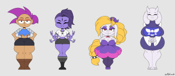 4girls absurdres animal_ears arthropod_girl bare_arms bare_legs barefoot bike_shorts black_legwear blonde_hair boots braid breasts chibi cleavage closed_eyes closed_mouth crop_top double_v dress enid_(ok_k.o.!) fangs fishnet_pantyhose fishnets full_body furry gloves grey_background half-closed_eyes hariet_(mario) high_heels highres horns huge_breasts insect_girl large_breasts long_hair long_sleeves looking_at_viewer mario_(series) mature_female medium_breasts mehlewds midriff miniskirt monster_girl muffet multiple_girls navel nintendo no_bra ok_k.o.!_let's_be_heroes pantyhose purple_gloves purple_hair purple_legwear rabbit_girl red_eyes short_hair short_sleeves simple_background skirt smile socks spider_girl standing strapless strapless_dress super_mario_odyssey thick_thighs thighs toriel trait_connection underboob undertale utdr_(toby_fox) v wide_hips