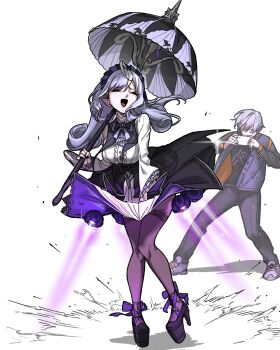 1boy 1girl ahoge ascot black_nails black_pants black_shirt bow bowtie breasts cellphone center_frills closed_eyes commentary dress dress_tug facing_viewer frills full_body gem grey_hair gwongiyeon67479 hairband high_heels highres holding holding_phone holding_umbrella jacket long_hair long_sleeves marilyn_monroe mole mole_under_eye open_mouth pants pantyhose phone pointy_ears purple_ascot purple_bow purple_bowtie purple_gemstone purple_hair purple_hairband purple_shoes purple_umbrella shirt shoes sidelocks simple_background smartphone smile taking_picture thrusters umbrella vivian_banshee wise_(zenless_zone_zero) zenless_zone_zero