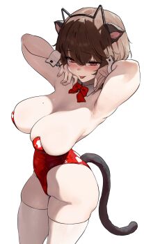 1girl animal_ear_hairband animal_ears armpits arms_up blush bow bowtie breasts brown_hair cat_ear_hairband cat_ears cat_tail cleavage closed_mouth commentary commission detached_collar fake_animal_ears hairband highres hoin large_breasts leotard looking_at_viewer mole mole_on_breast mole_under_eye original red_bow red_bowtie red_eyes red_leotard short_hair simple_background skindentation smile solo tail thighhighs tongue tongue_out white_background white_thighhighs white_wrist_cuffs wrist_cuffs