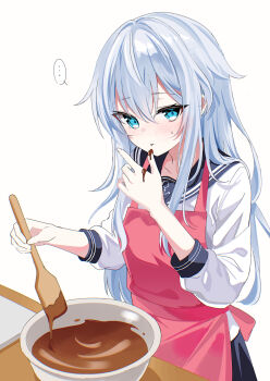 Rule 34 | ..., 1girl, black sailor collar, black skirt, blue eyes, bowl, chocolate, commentary request, cowboy shot, fathom, grey hair, hibiki (kancolle), highres, kantai collection, long hair, sailor collar, sailor shirt, school uniform, serafuku, shirt, simple background, skirt, solo, spatula, spoken ellipsis, white background, white shirt